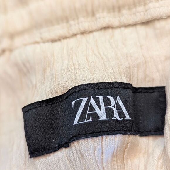 Zara Beige Textured Wave Crinkle Gauze Wide Leg Elastic Waist Sz S Pockets Boho - Picture 11 of 13